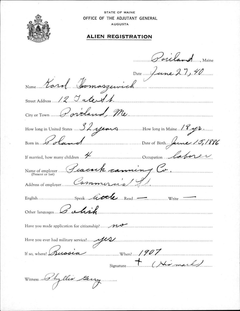 Miniature of Alien Registration- Thomaszervich, Karol (Portland, Cumberland County)