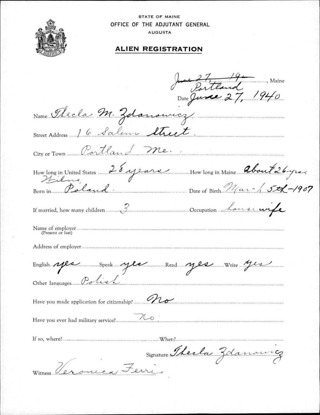 Miniature of Alien Registration- Zdanowicz, Thecla M. (Portland, Cumberland County)