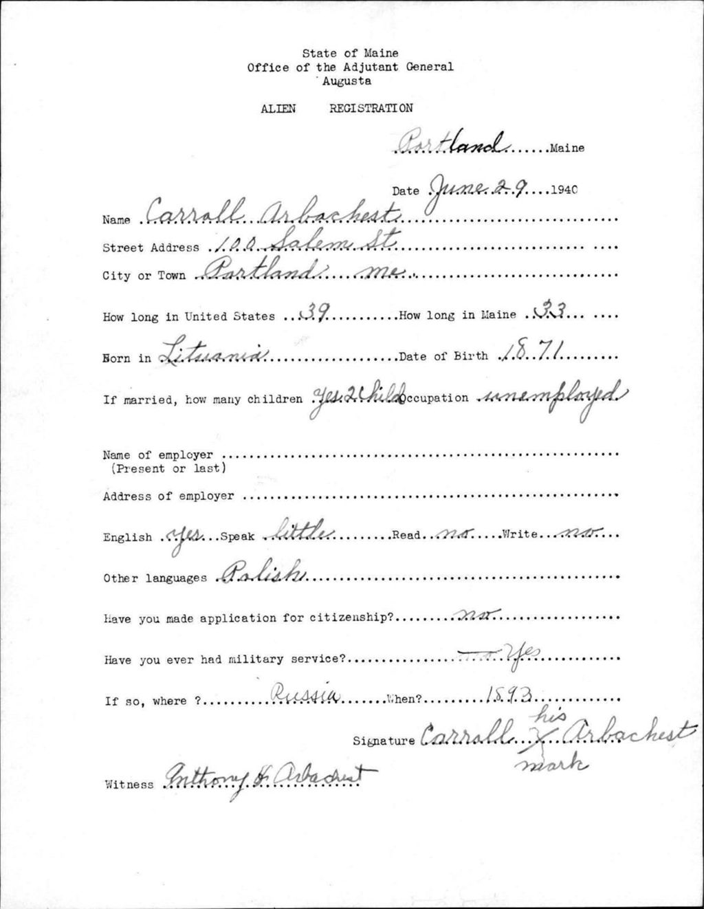 Miniature of Alien Registration- Arbachest, Carroll (Portland, Cumberland County)