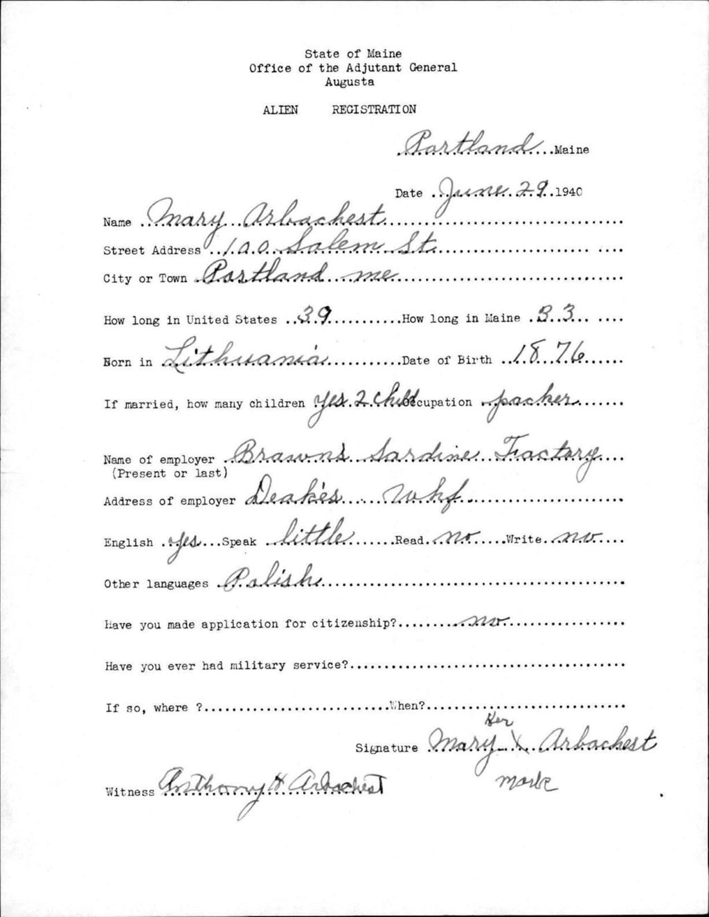Miniature of Alien Registration- Arbachest, Mary (Portland, Cumberland County)