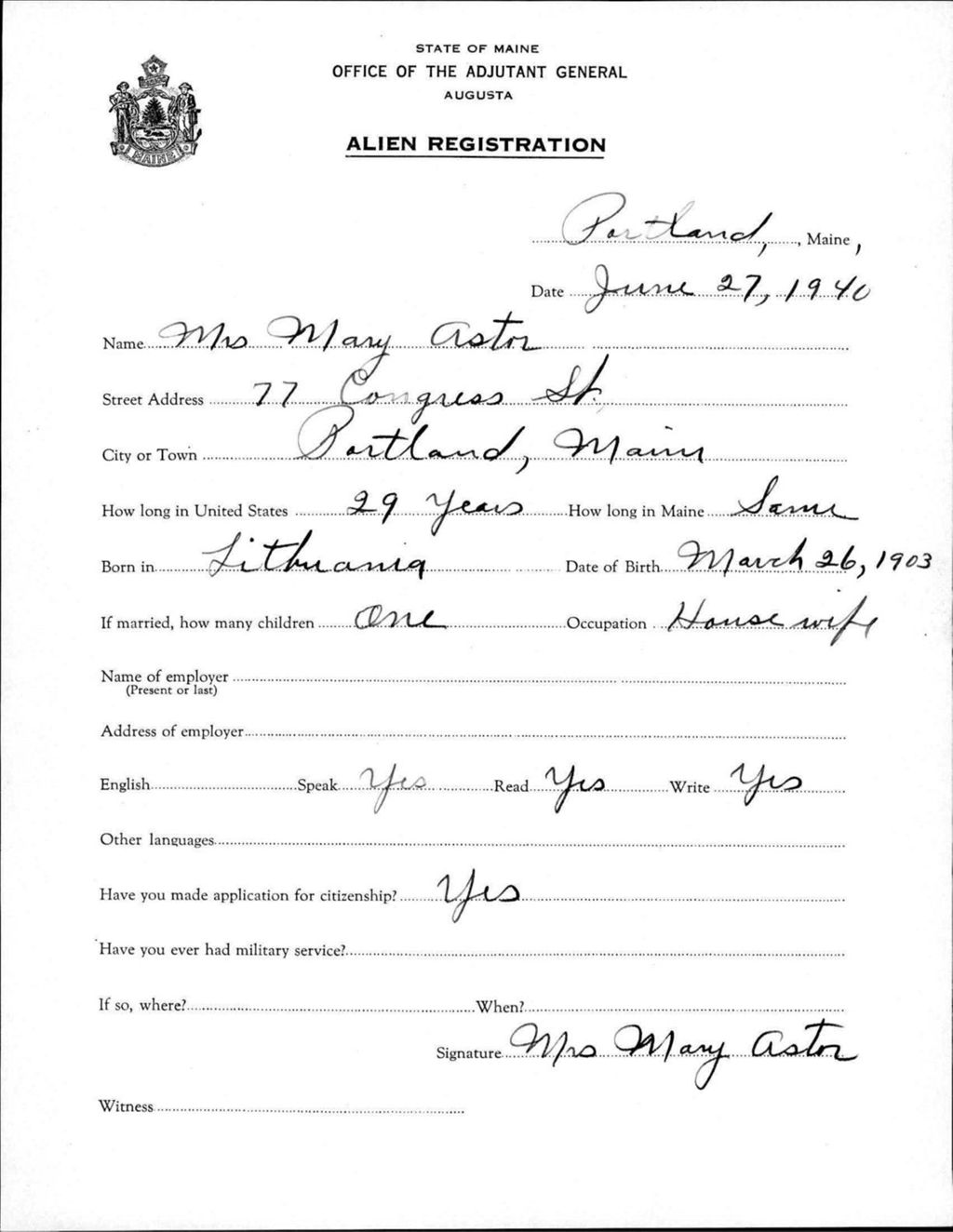 Miniature of Alien Registration- Astor, Mary (Portland, Cumberland County)