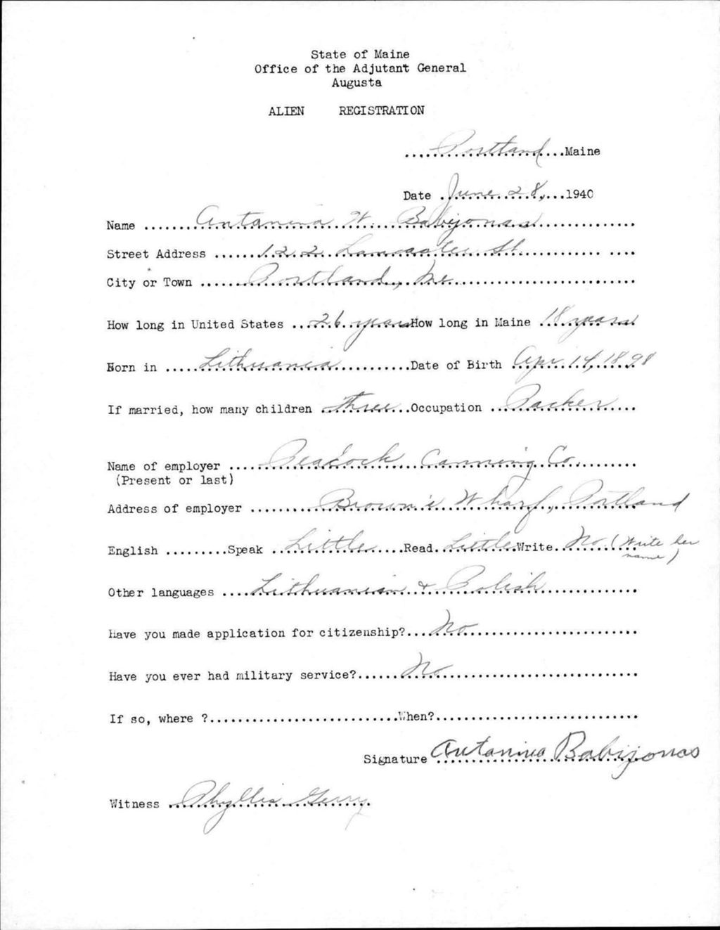 Miniature of Alien Registration- Babyonas, Antonina W. (Portland, Cumberland County)