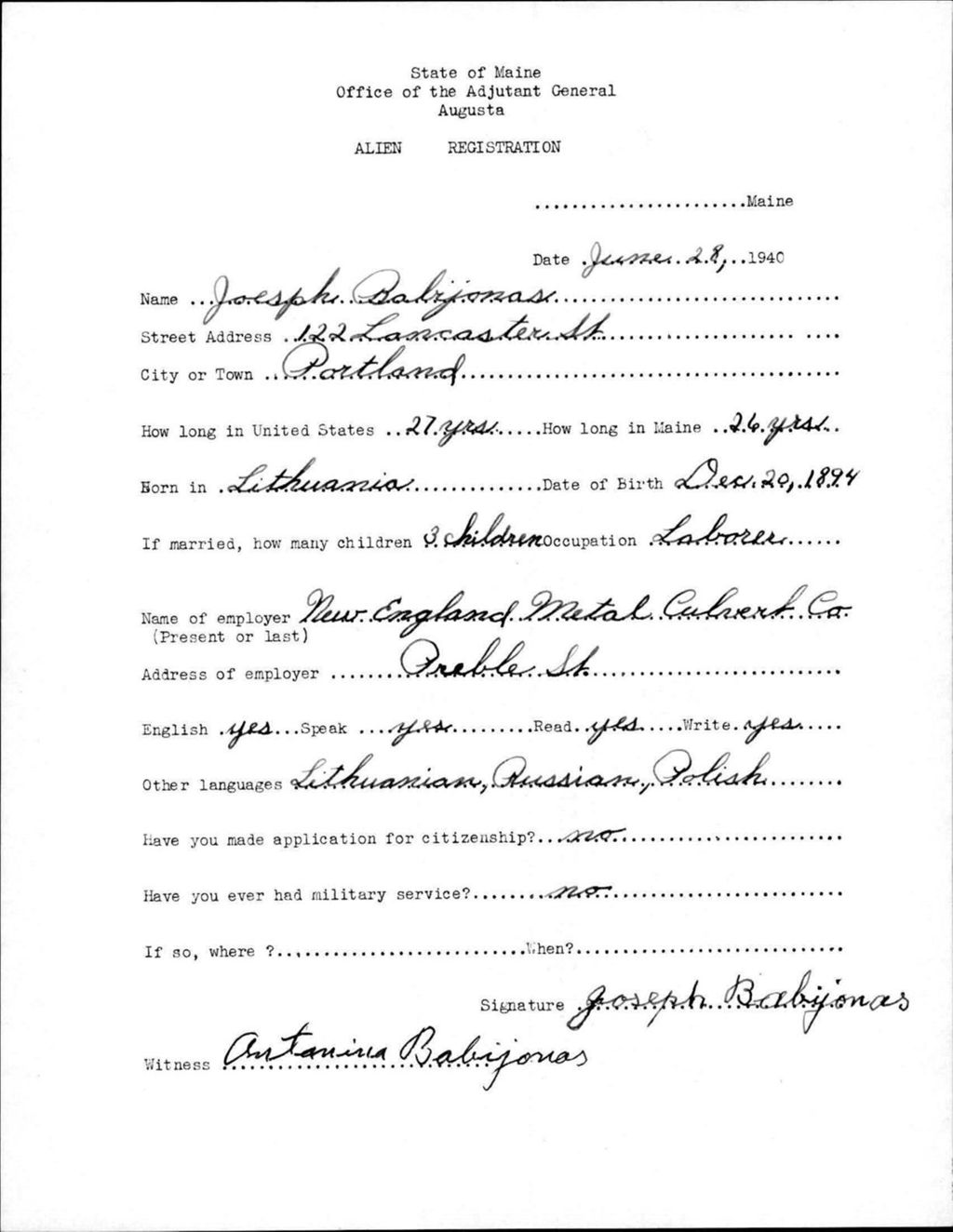 Miniature of Alien Registration- Babyonas, Joseph (Portland, Cumberland County)