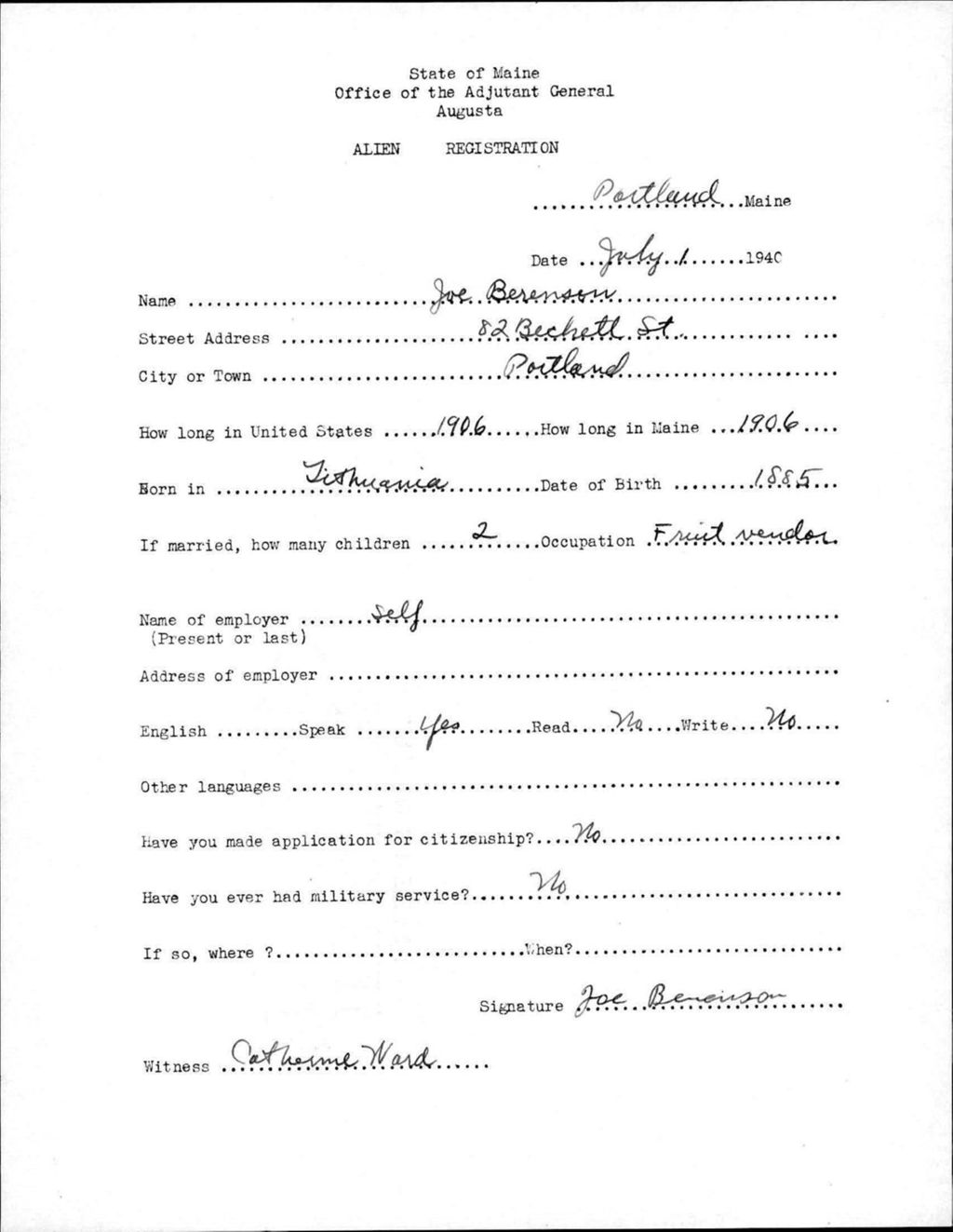 Miniature of Alien Registration- Berenson, Joe (Portland, Cumberland County)