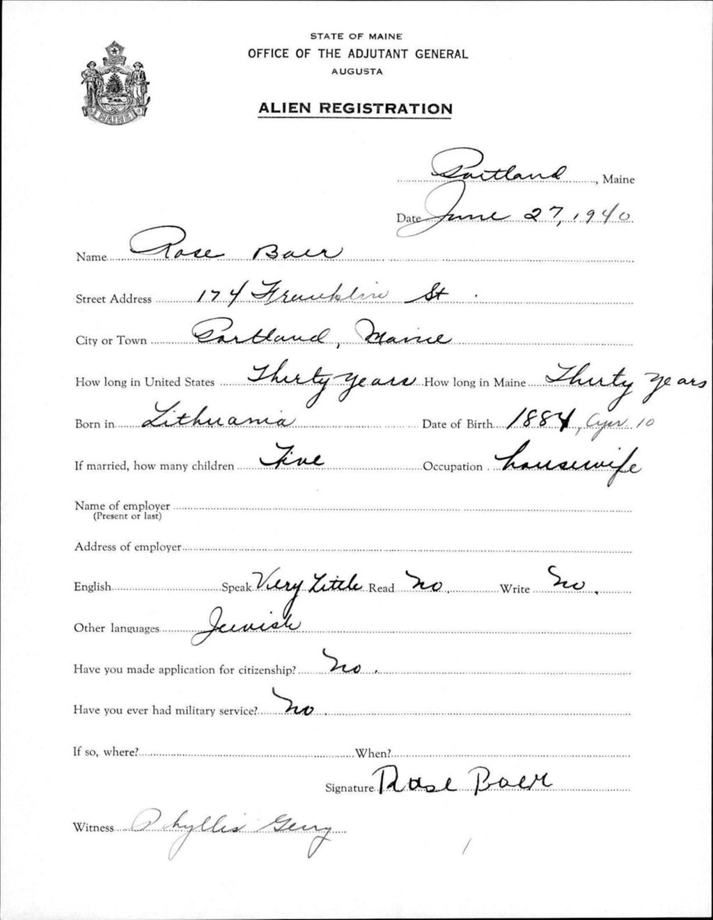 Miniature of Alien Registration- Baem, Rose (Portland, Cumberland County)