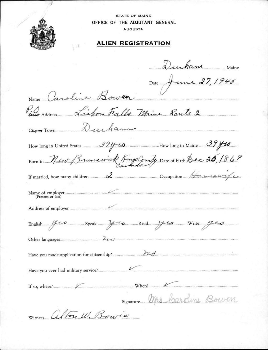 Miniature of Alien Registration- Bowen, Caroline (Durham, Androscoggin County)