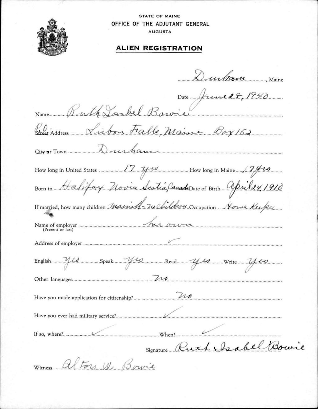 Miniature of Alien Registration- Bowie, Ruth I. (Durham, Androscoggin County)