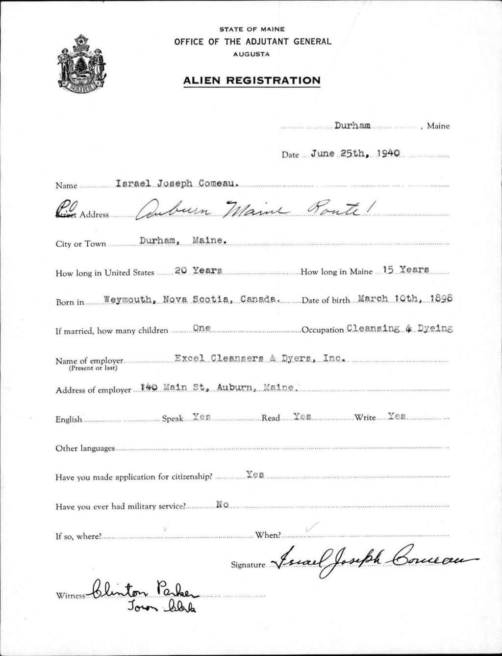 Miniature of Alien Registration- Comeau, Israel J. (Durham, Androscoggin County)
