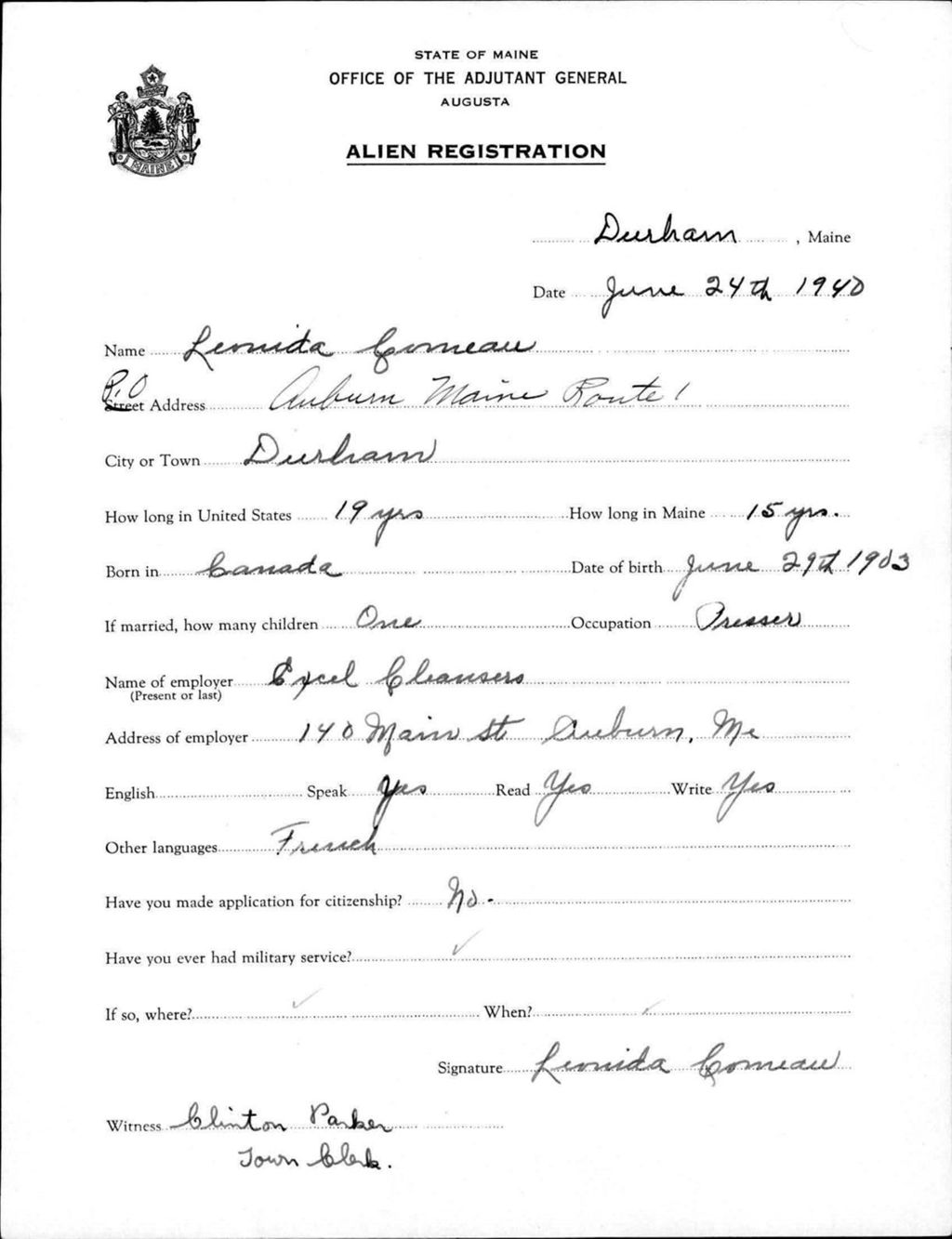 Miniature of Alien Registration- Comeau, Leonida (Durham, Androscoggin County)