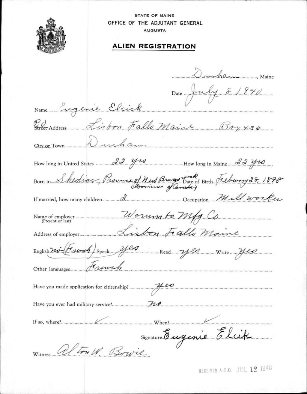 Miniature of Alien Registration- Elcik, Eugenie (Durham, Androscoggin County)