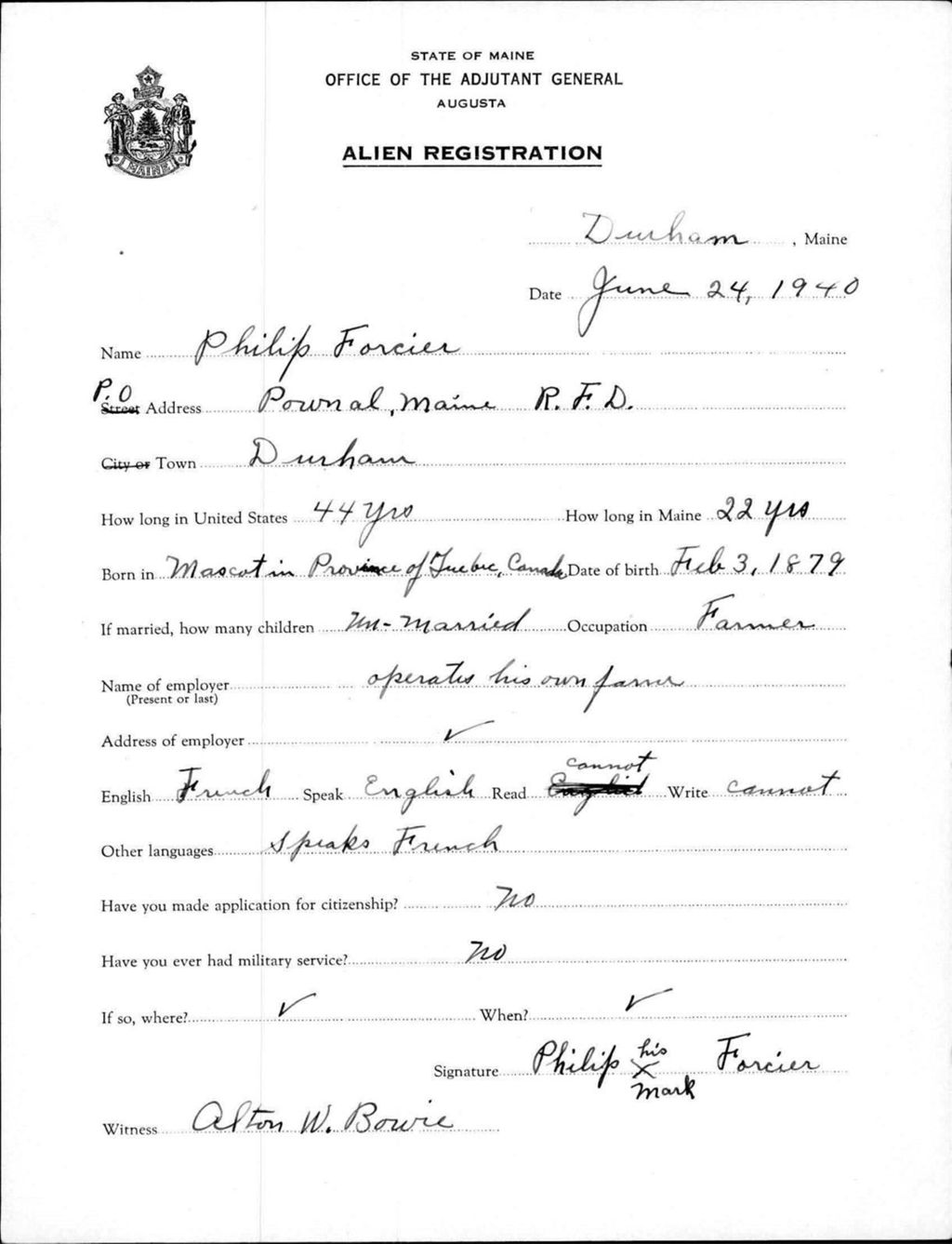 Miniature of Alien Registration- Forcier, Philip (Durham, Androscoggin County)