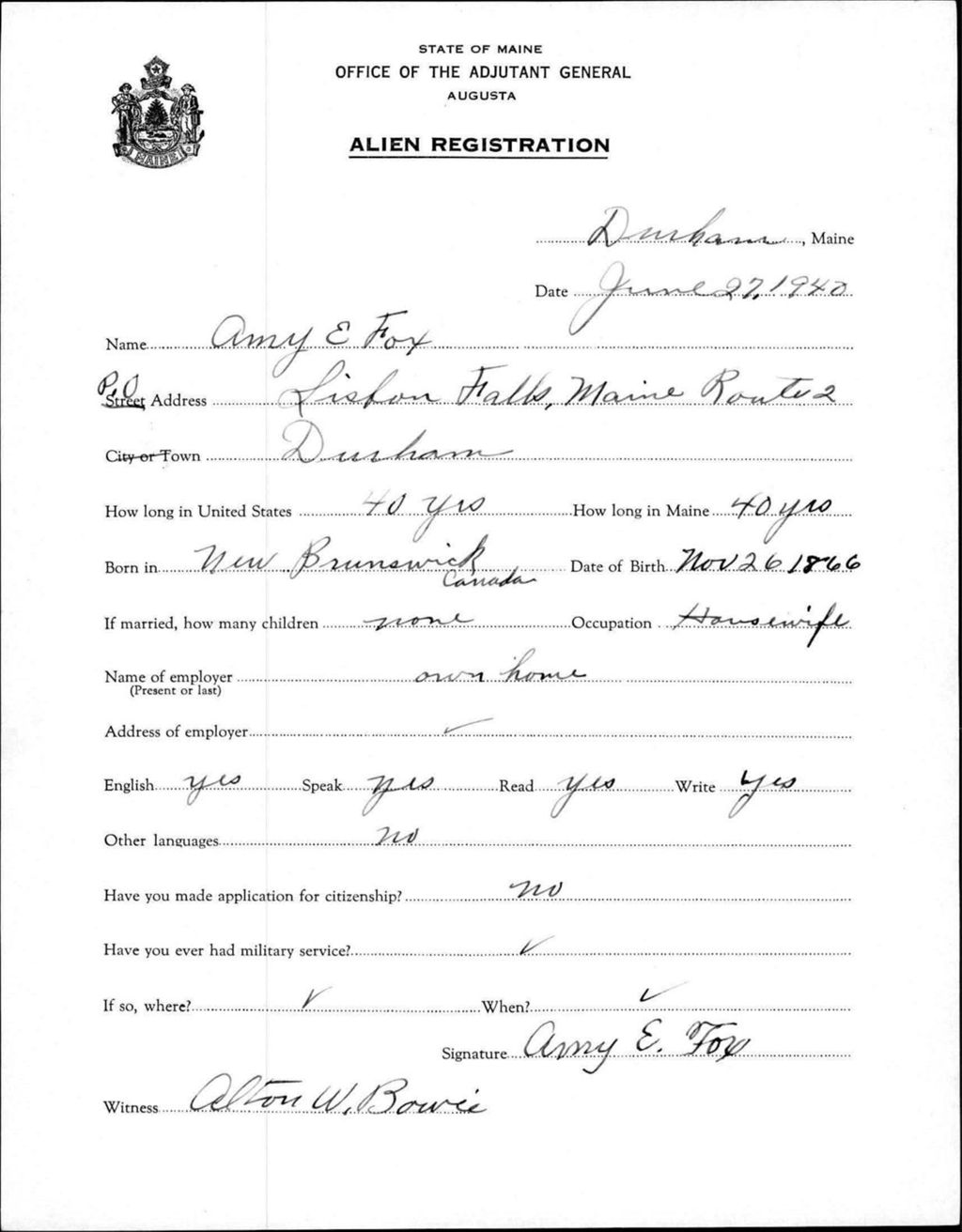 Miniature of Alien Registration- Fox, Amy E. (Durham, Androscoggin County)