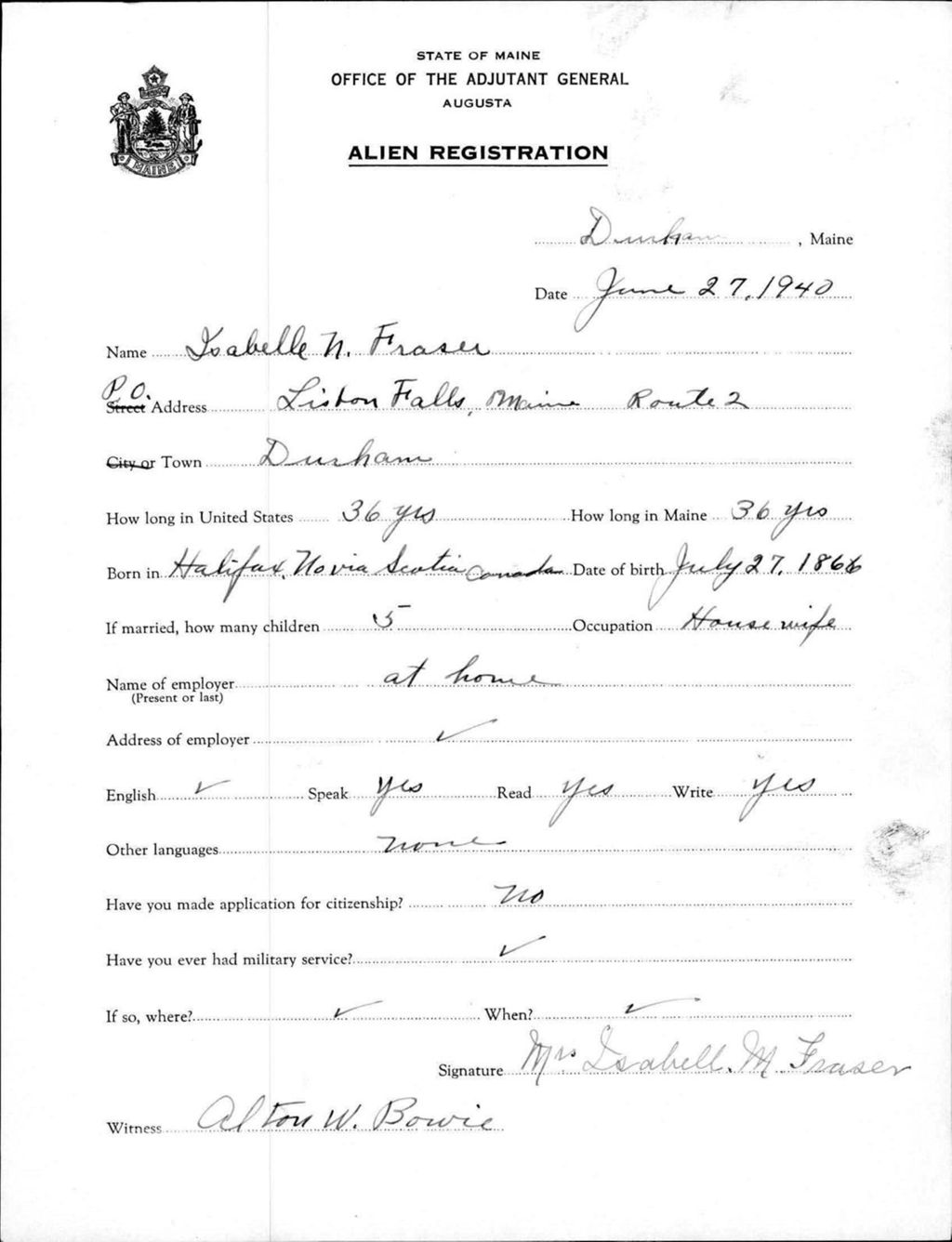 Miniature of Alien Registration- Fraser, Isabelle N. (Durham, Androscoggin County)