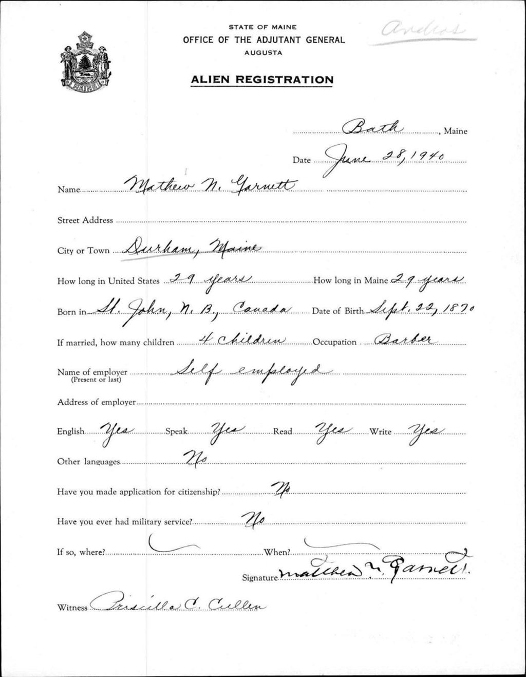 Miniature of Alien Registration- Garnett, Mathew N. (Durham, Androscoggin County)