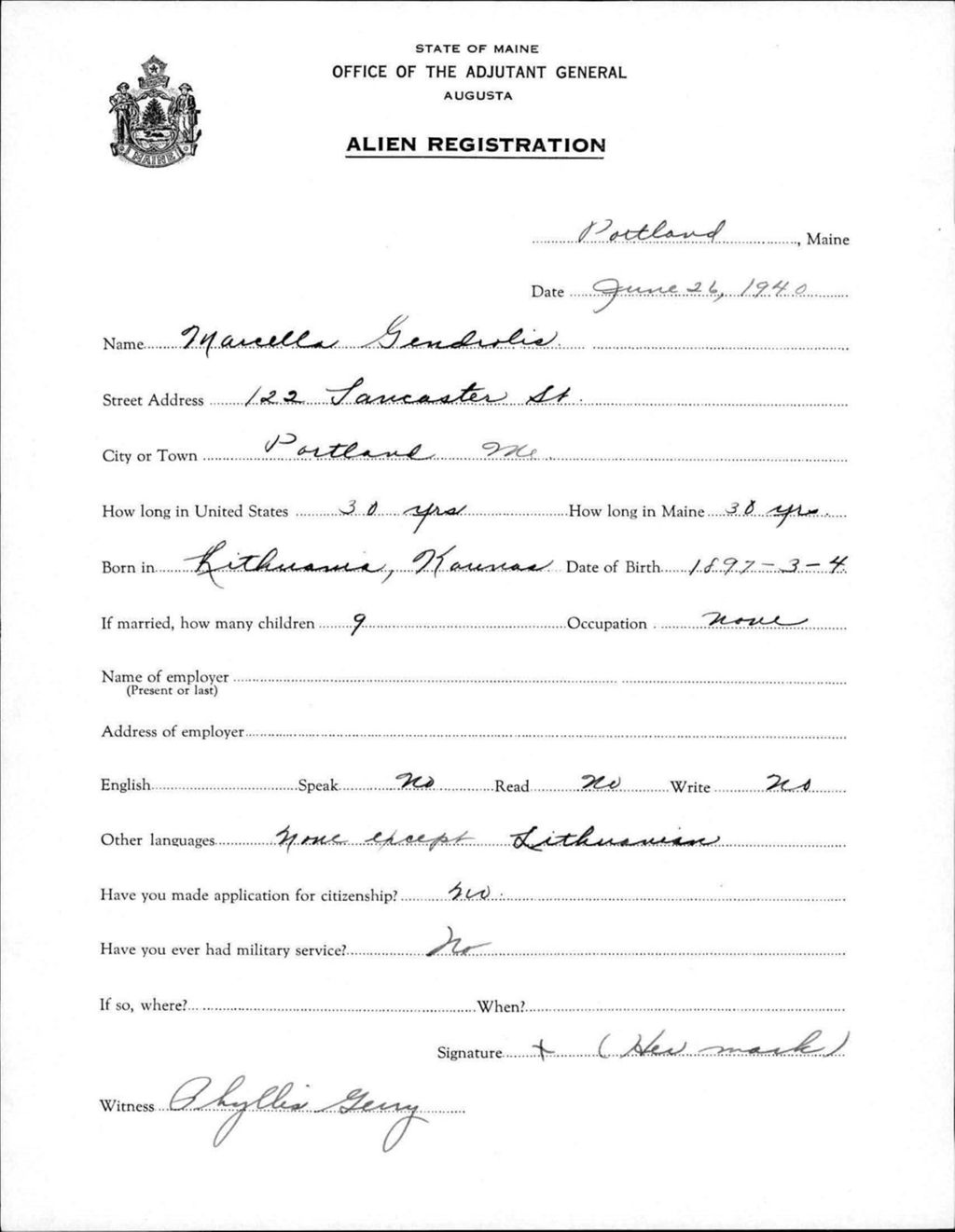Miniature of Alien Registration- Gendrolis, Marcella (Portland, Cumberland County)