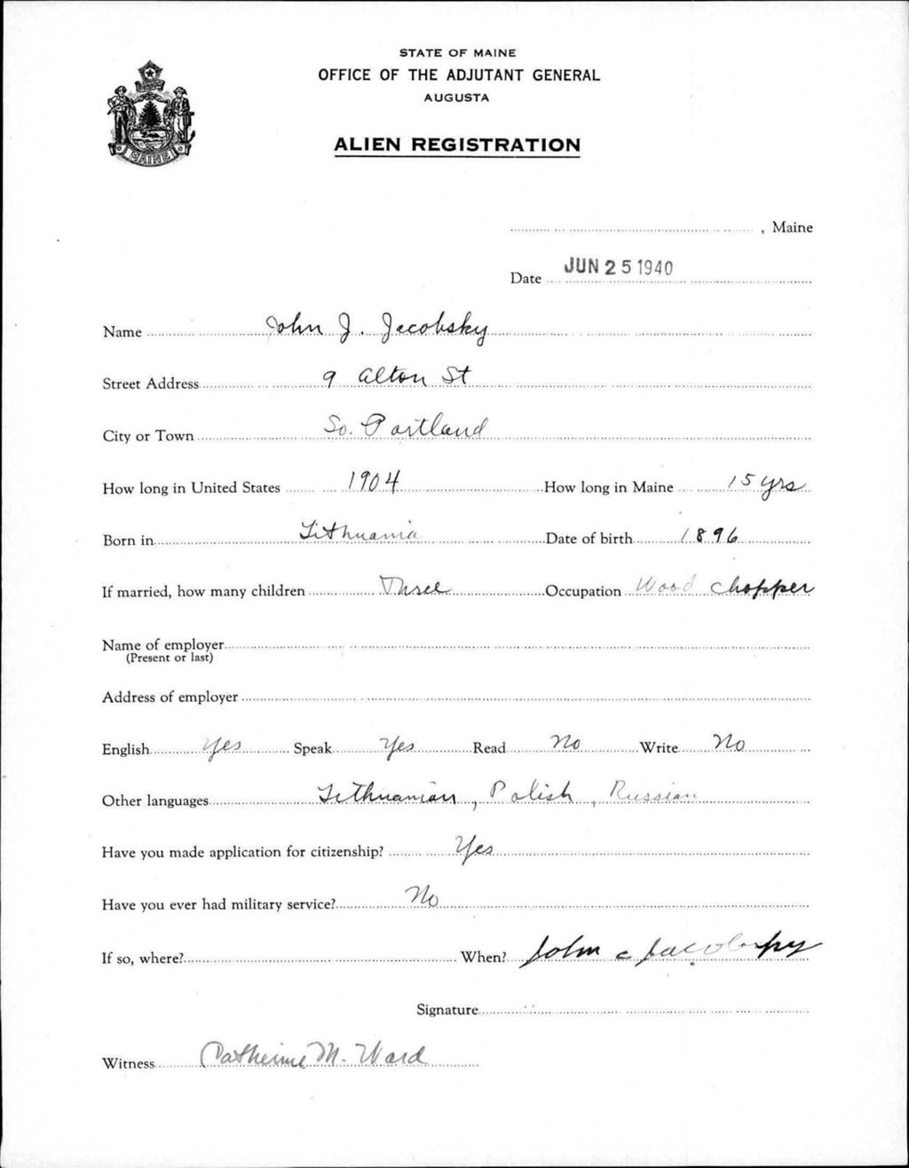 Miniature of Alien Registration- Jacobsky, John J. (Portland, Cumberland County)