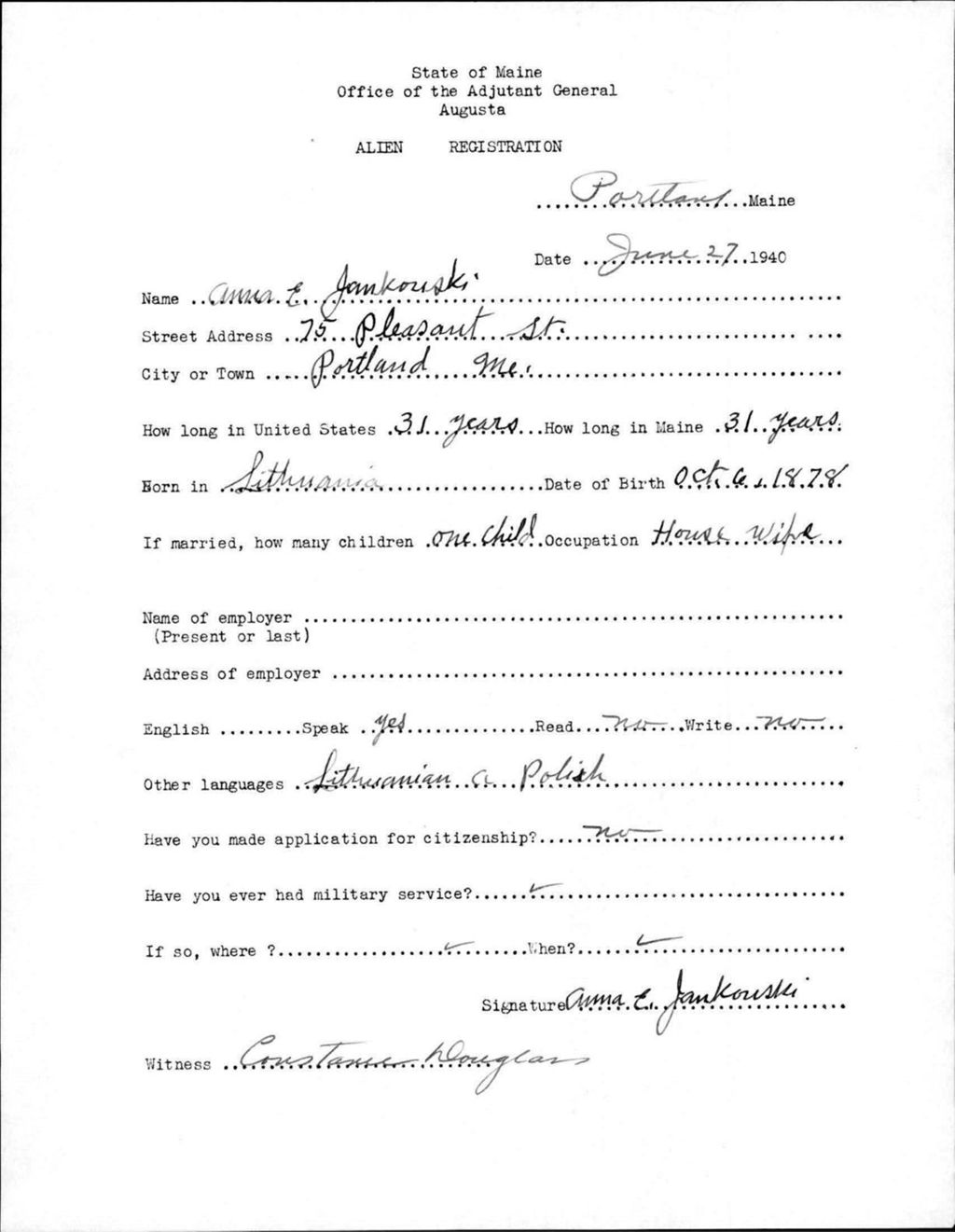 Miniature of Alien Registration- Jankowski, Anna E. (Portland, Cumberland County)