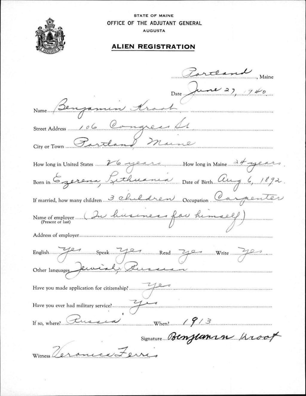 Miniature of Alien Registration- Kroot, Benjamin (Portland, Cumberland County)