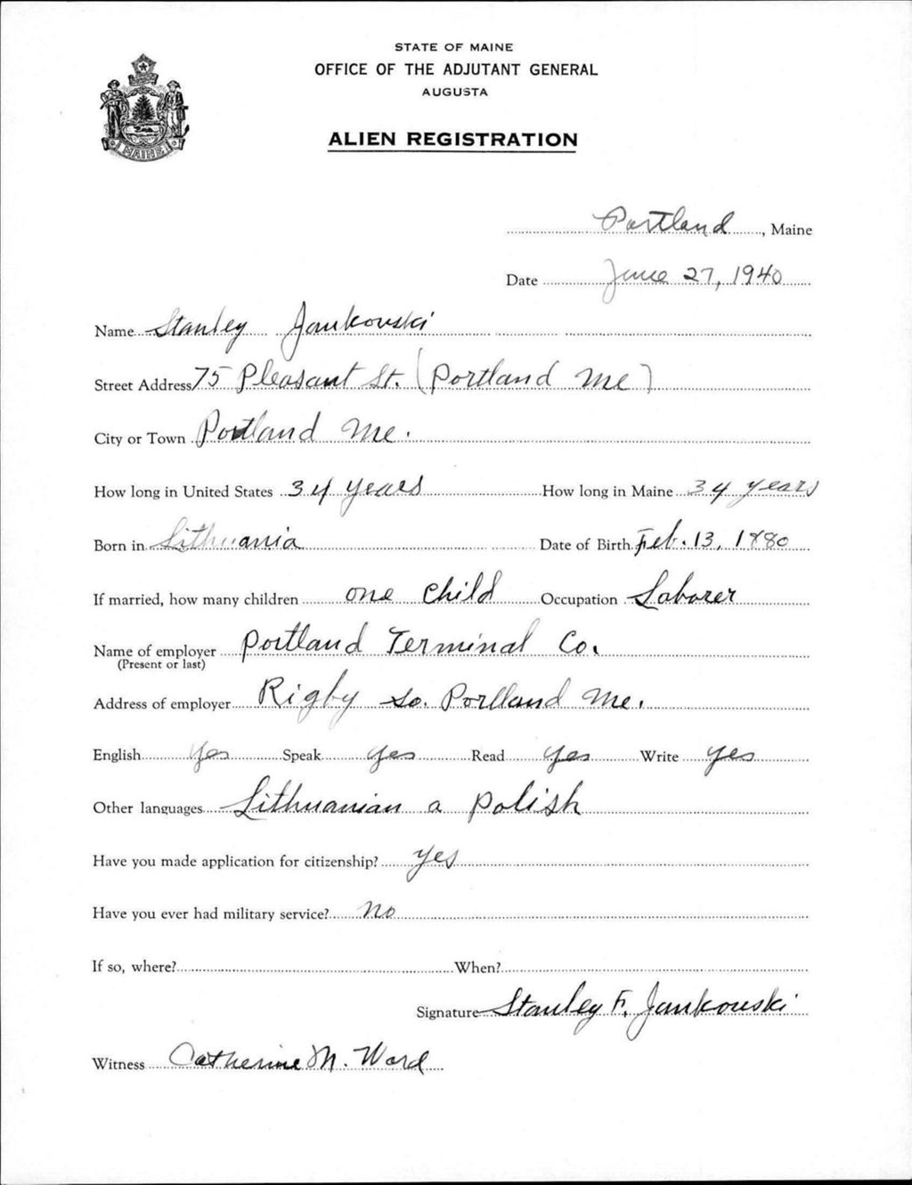 Miniature of Alien Registration- Jankowski, Stanley (Portland, Cumberland County)