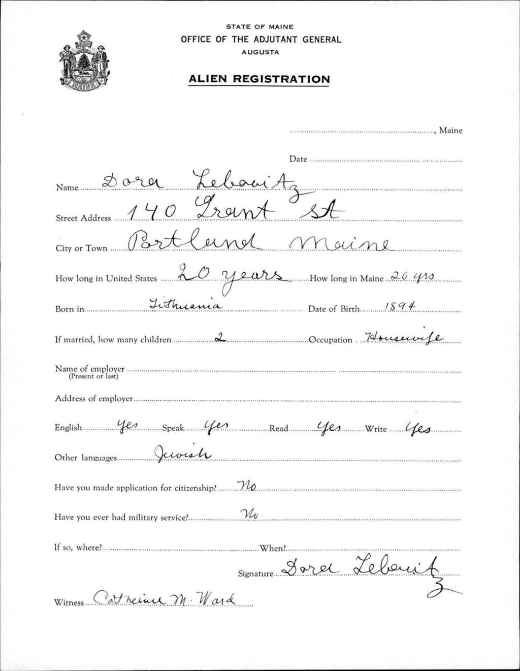 Miniature of Alien Registration- Lebowitz, Dora (Portland, Cumberland County)