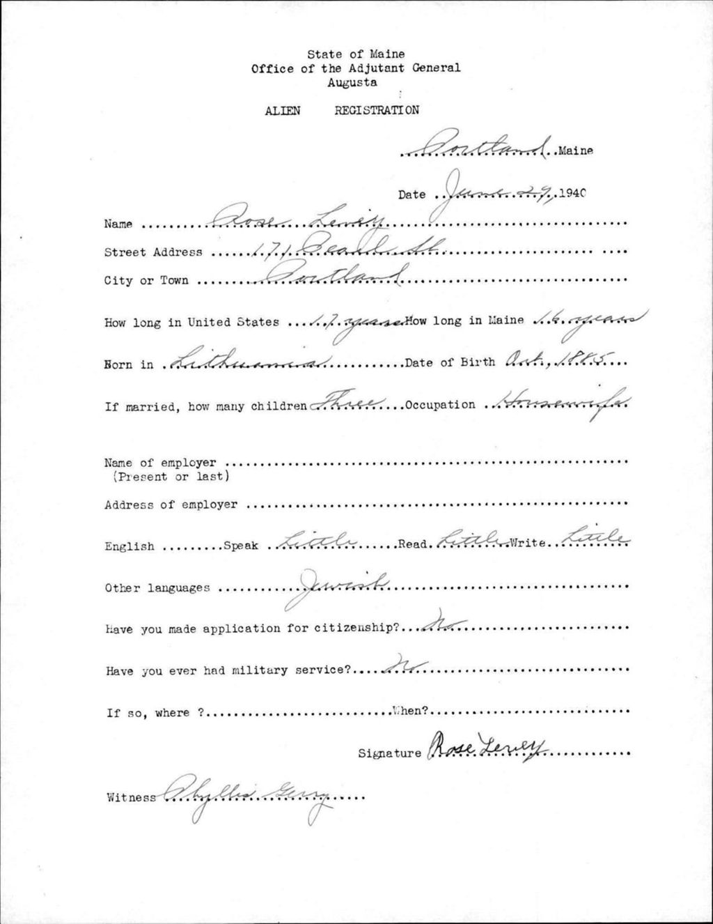 Miniature of Alien Registration- Levey, Rose (Portland, Cumberland County)