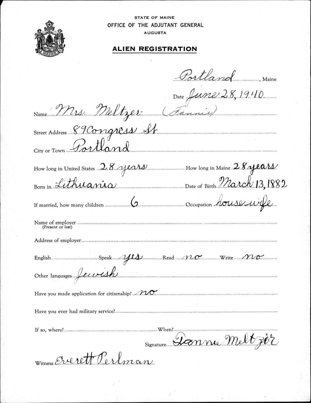 Miniature of Alien Registration- Meltzer, Fannie (Portland, Cumberland County)