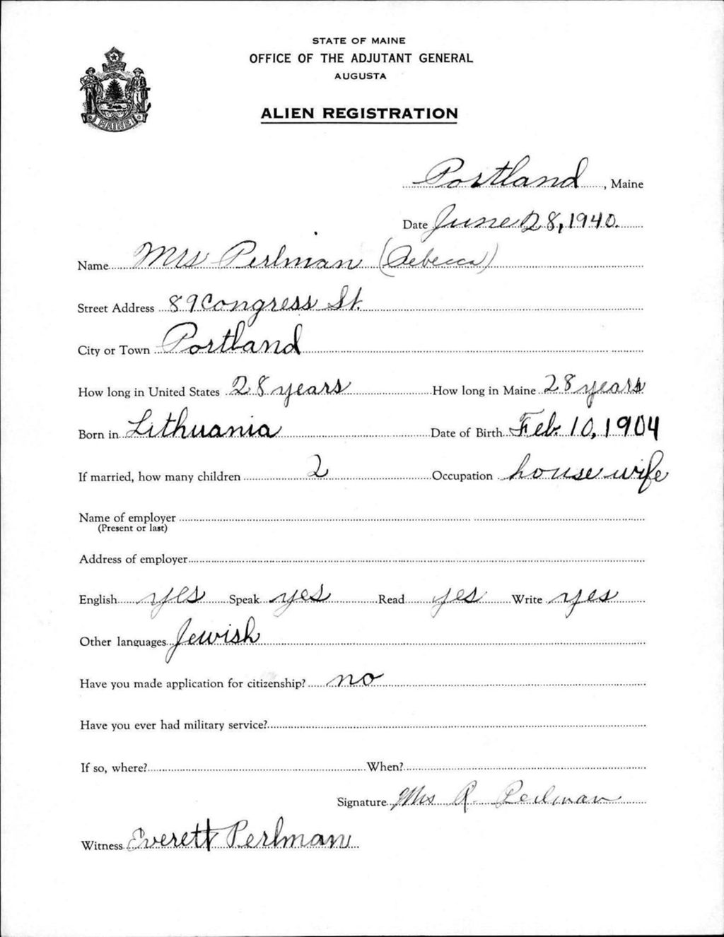 Miniature of Alien Registration- Perlman, Rebecca (Portland, Cumberland County)