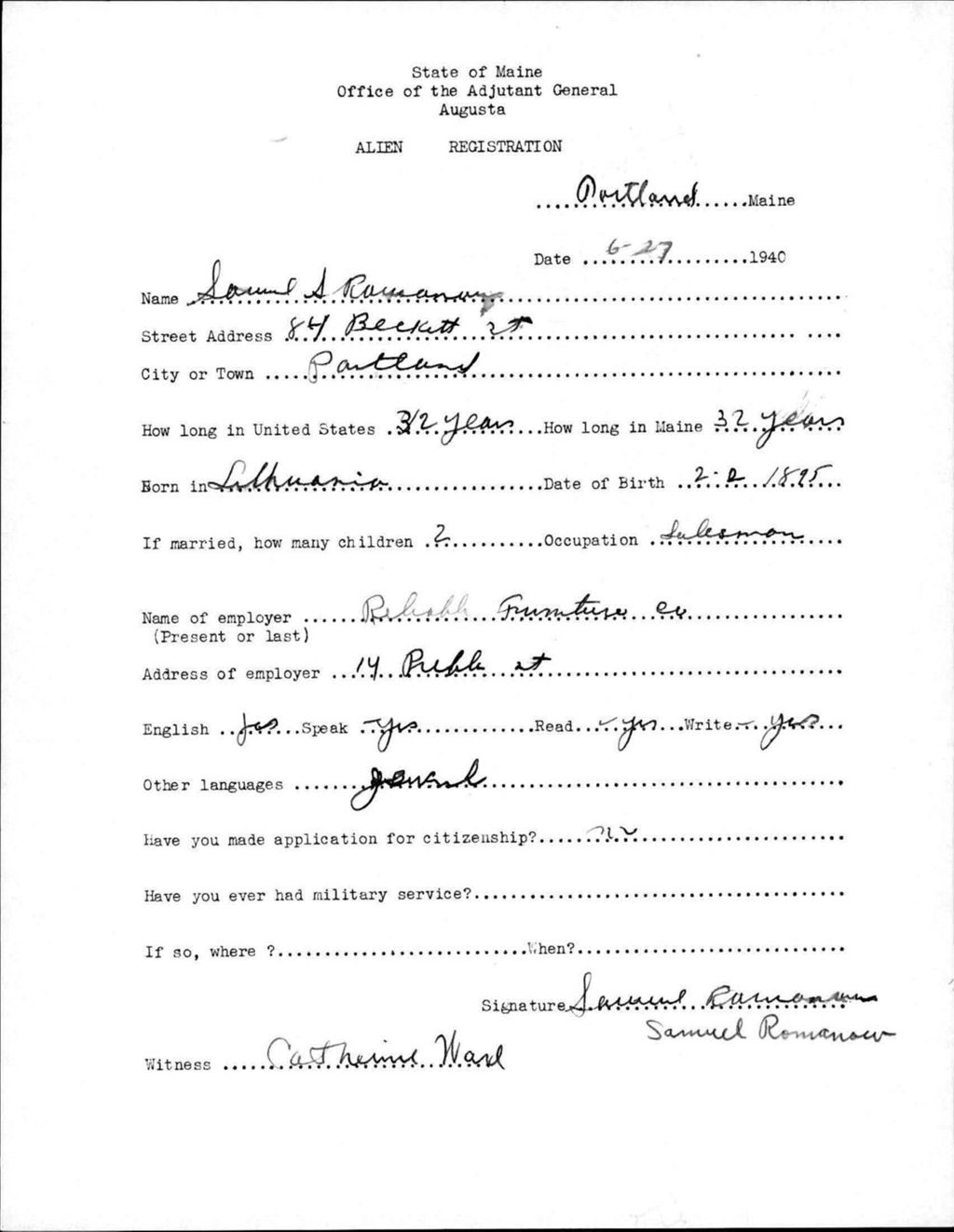 Miniature of Alien Registration- Romanow, Samuel (Portland, Cumberland County)