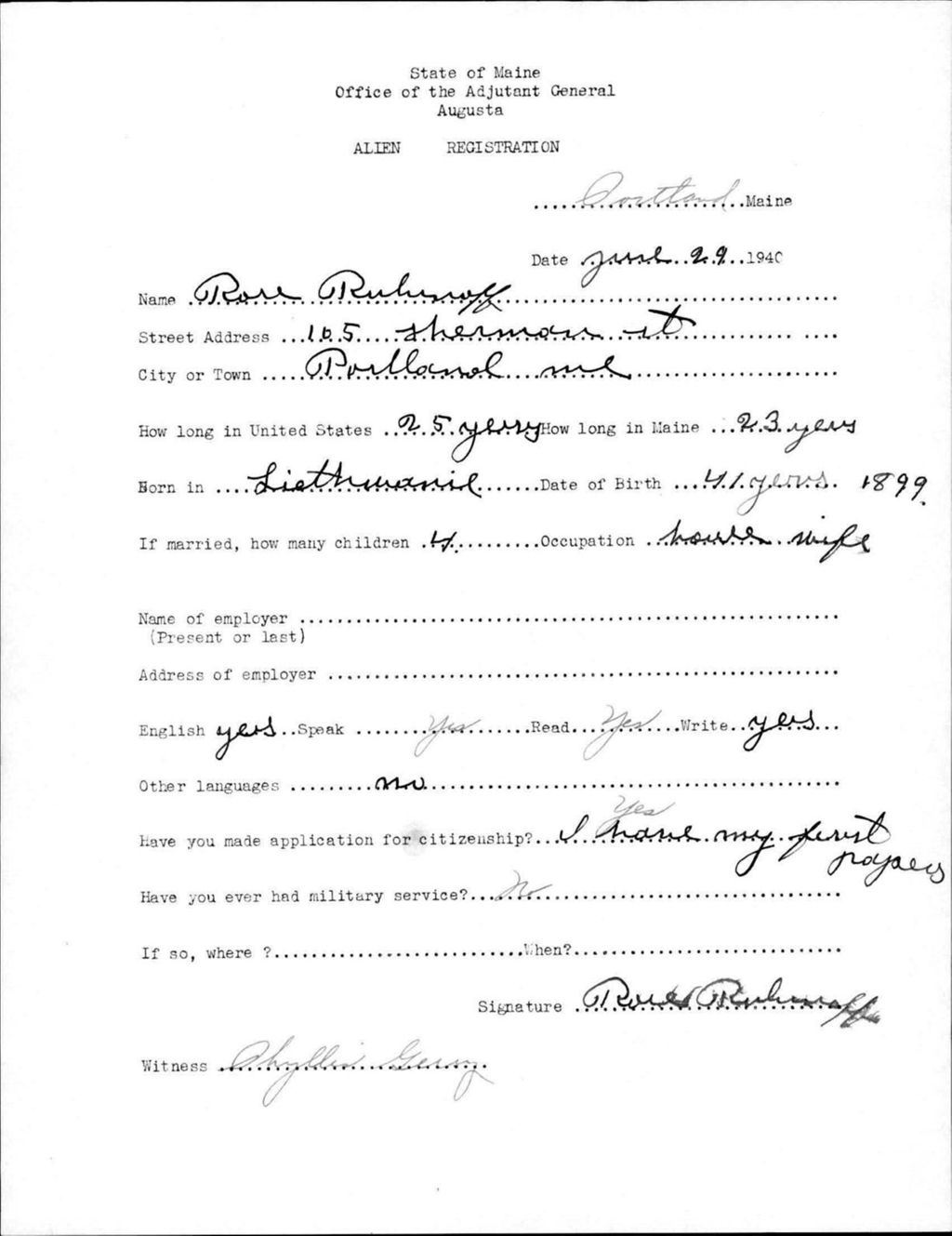Miniature of Alien Registration- Ruhenoff, Rose (Portland, Cumberland County)