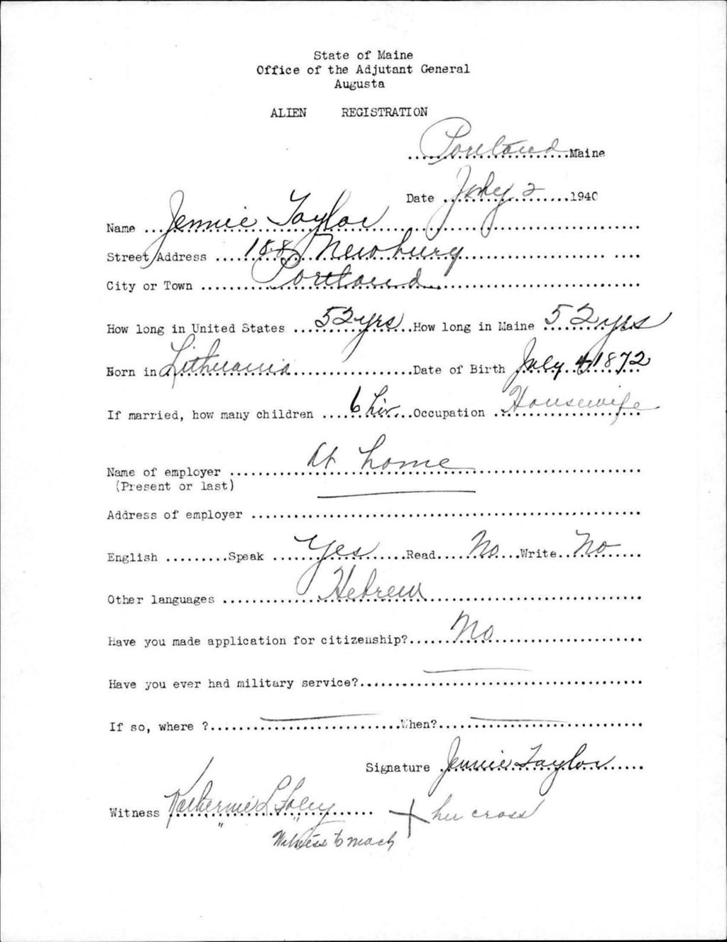 Miniature of Alien Registration- Taylor, Jennie (Portland, Cumberland County)
