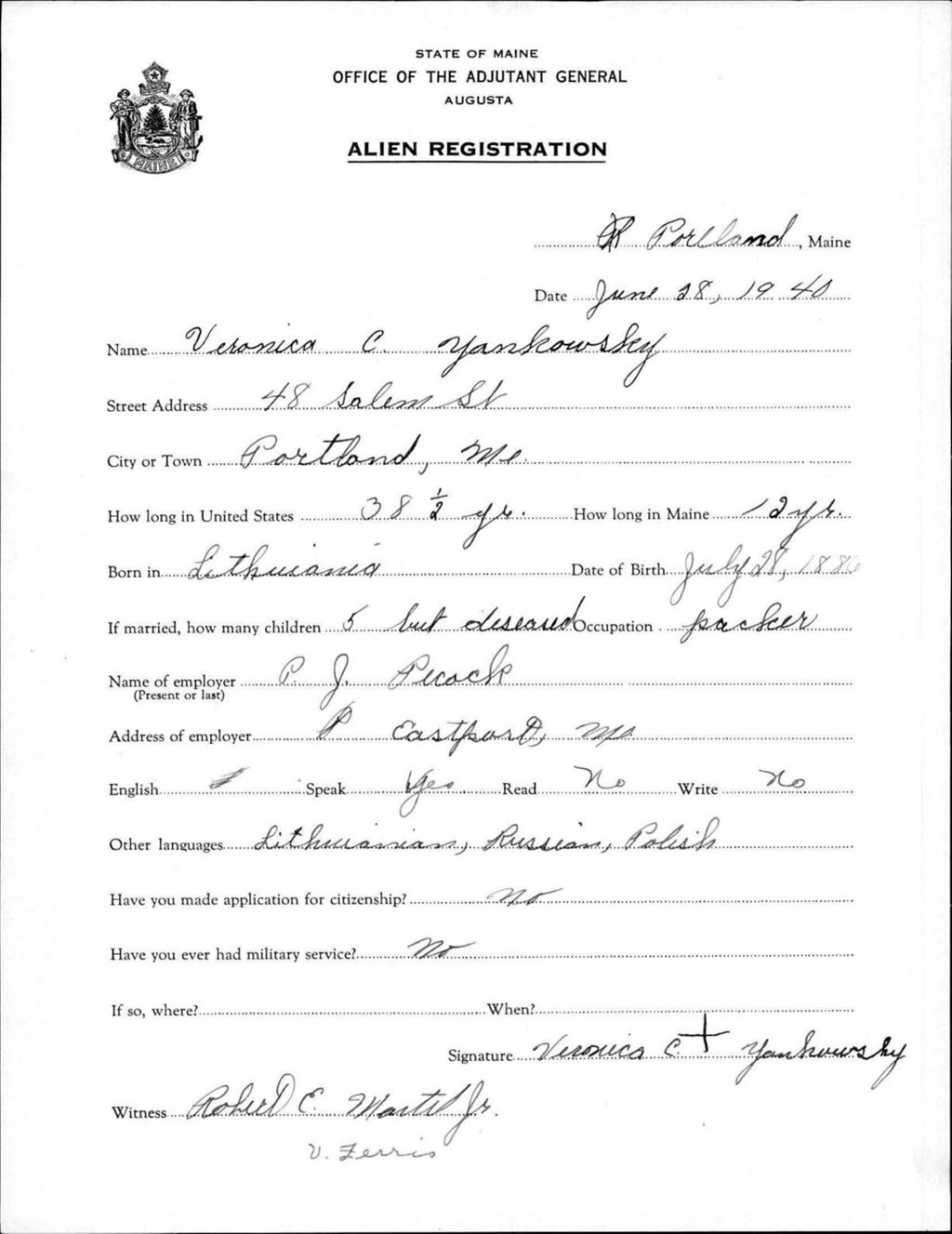 Miniature of Alien Registration- Yankowsky, Veronica C. (Portland, Cumberland County)