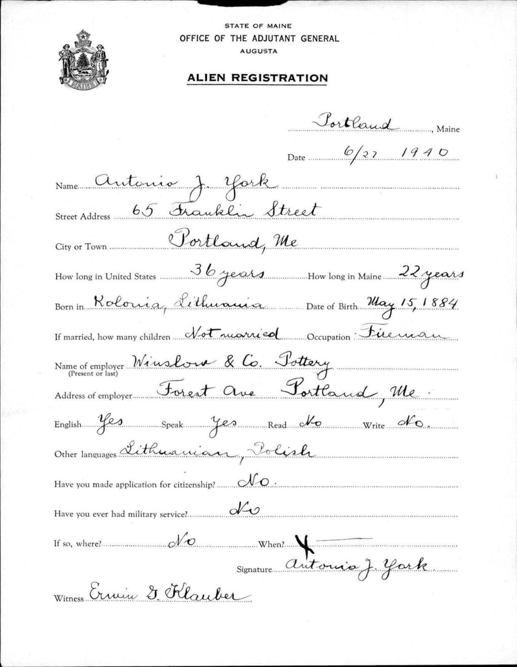 Miniature of Alien Registration- York, Antonio J. (Portland, Cumberland County)