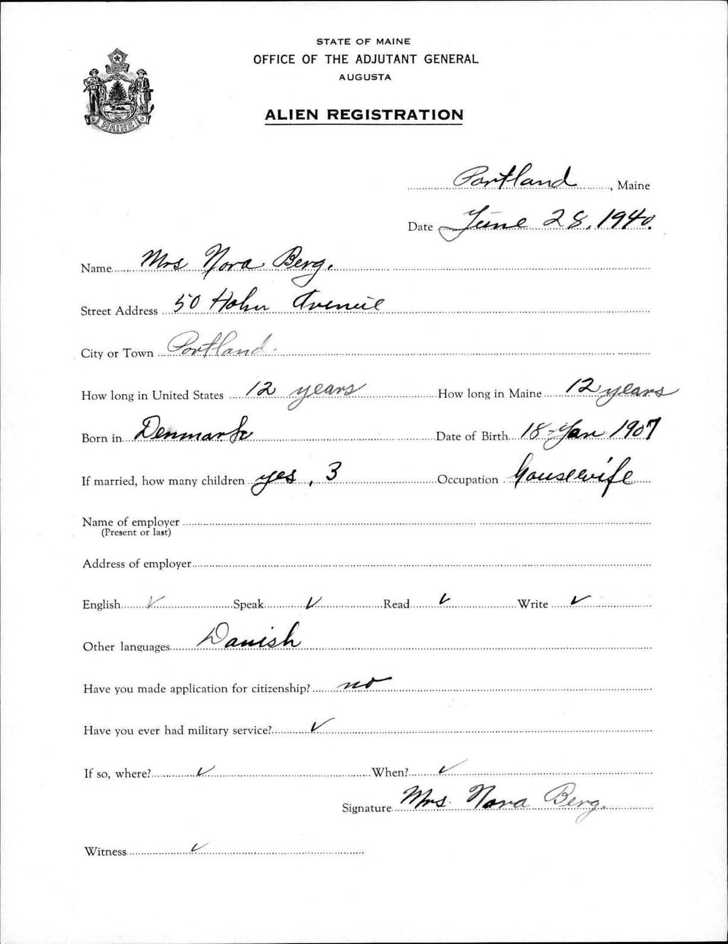 Miniature of Alien Registration- Berg, Nora (Portland, Cumberland County)