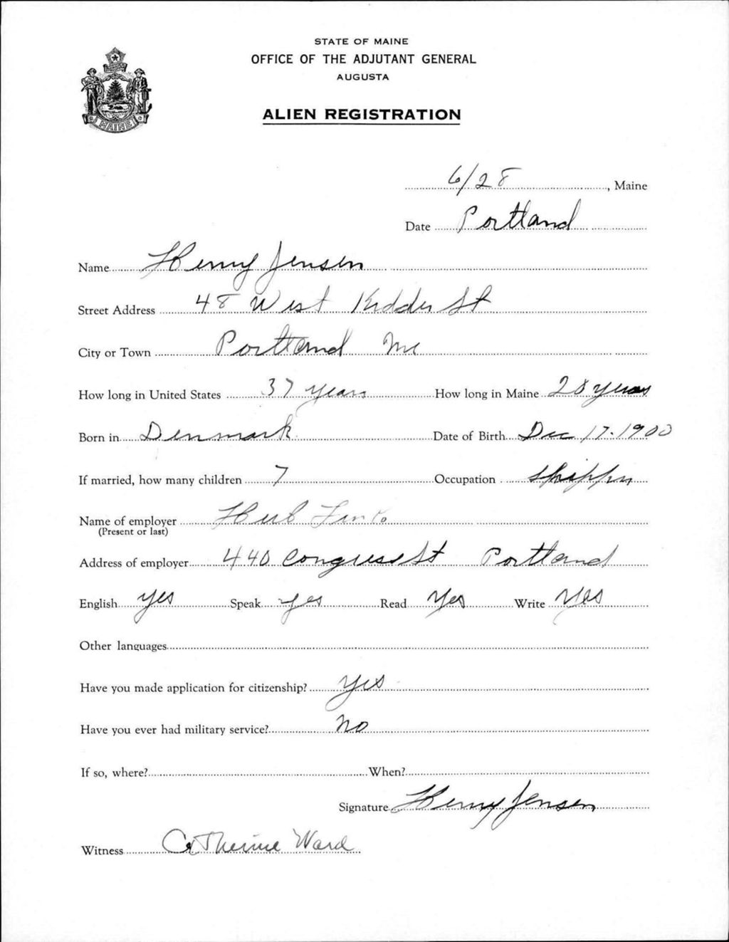 Miniature of Alien Registration- Jensen, Henry (Portland, Cumberland County)