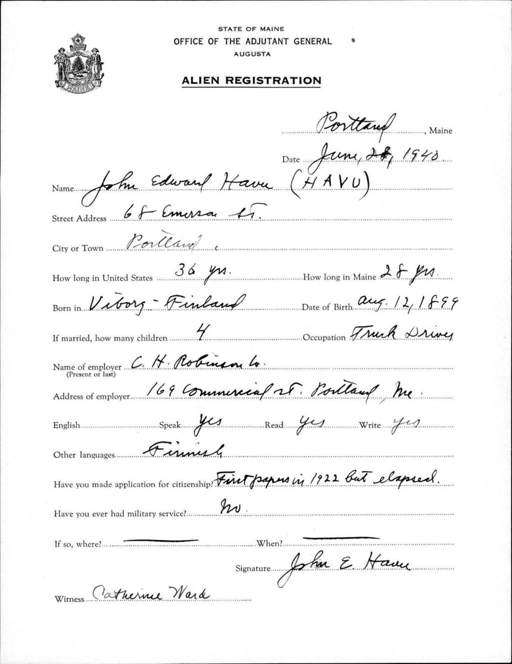 Miniature of Alien Registration- Havu, John E. (Portland, Cumberland County)
