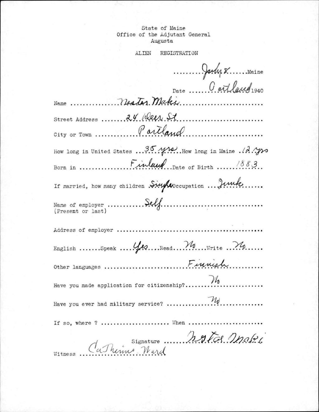 Miniature of Alien Registration- Maki, Nestor (Portland, Cumberland County)