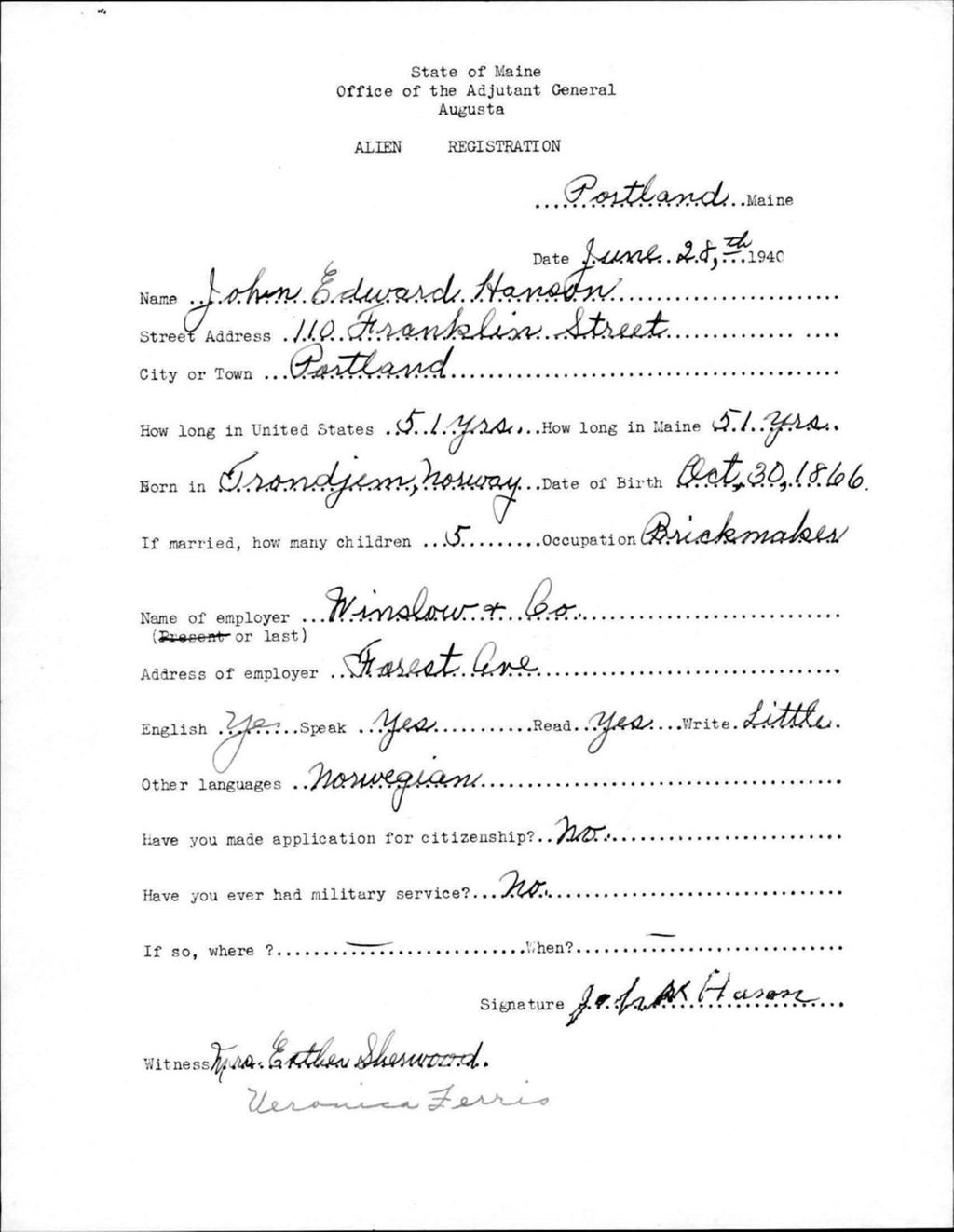 Miniature of Alien Registration- Hanson, John E. (Portland, Cumberland County)