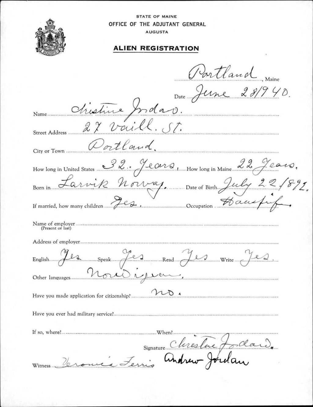 Miniature of Alien Registration- Jordan, Christine (Portland, Cumberland County)
