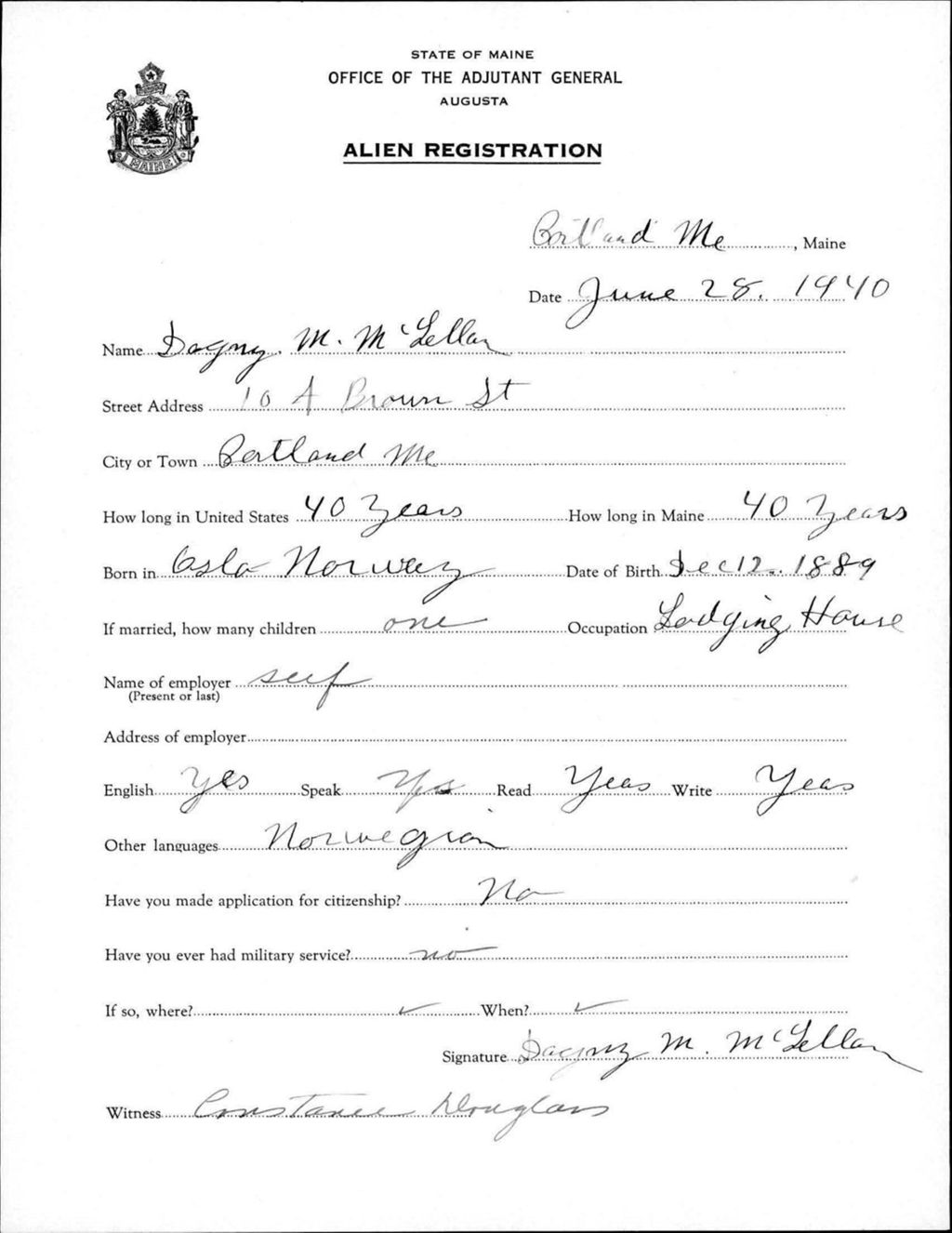 Miniature of Alien Registration- Mclellan, Dagnz M. (Portland, Cumberland County)