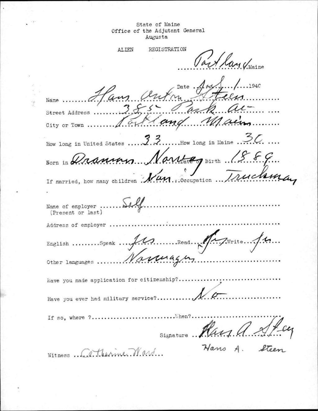Miniature of Alien Registration- Steen, Hans A. (Portland, Cumberland County)
