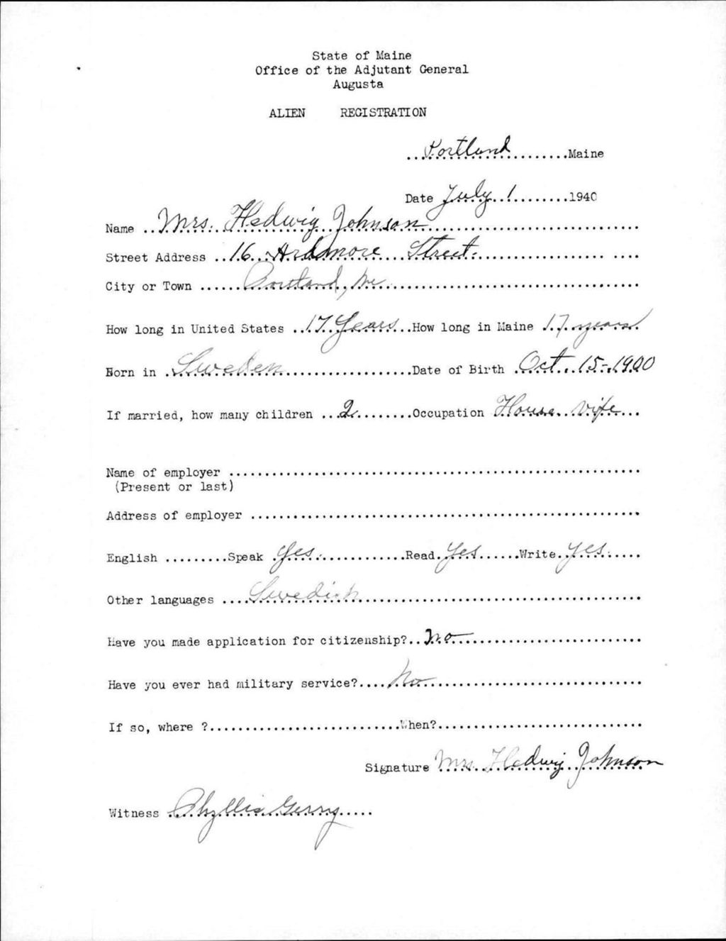 Miniature of Alien Registration- Johnson, Hedwig (Portland, Cumberland County)