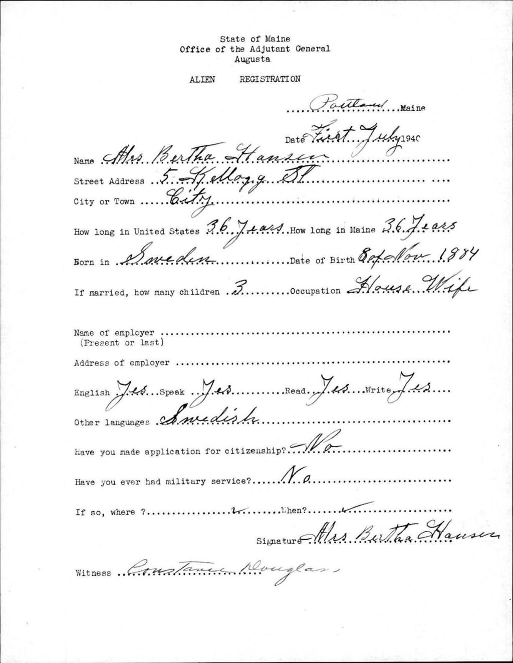 Miniature of Alien Registration- Hansen, Bertha (Portland, Cumberland County)