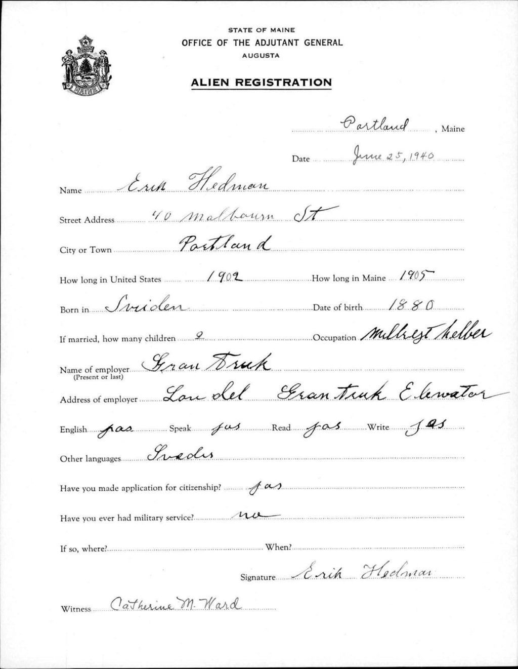 Miniature of Alien Registration- Hedman, Erik (Portland, Cumberland County)