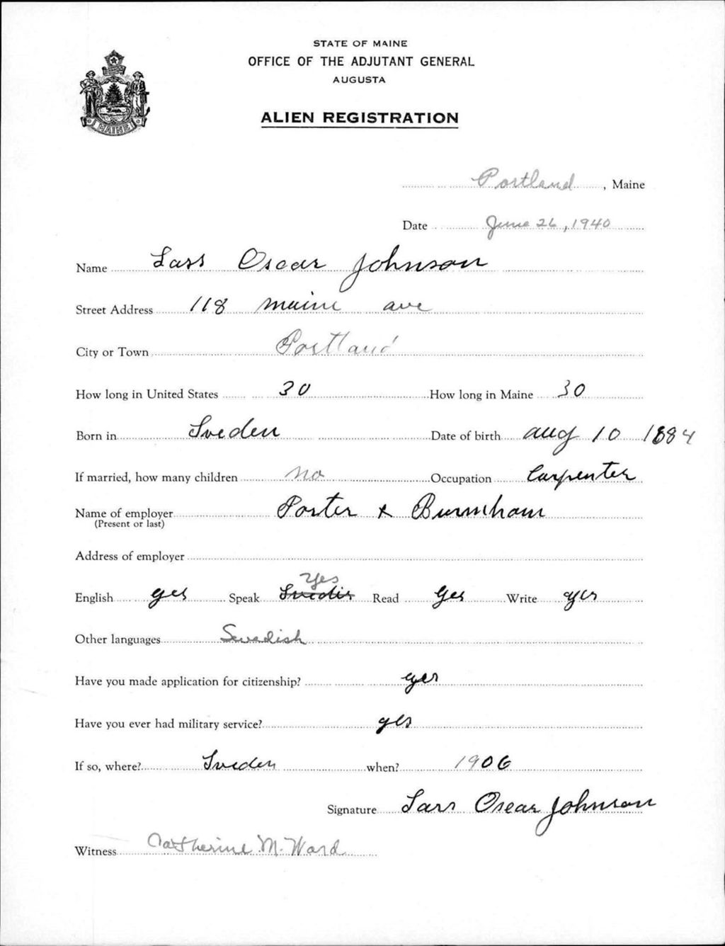 Miniature of Alien Registration- Johnson, Lars O. (Portland, Cumberland County)