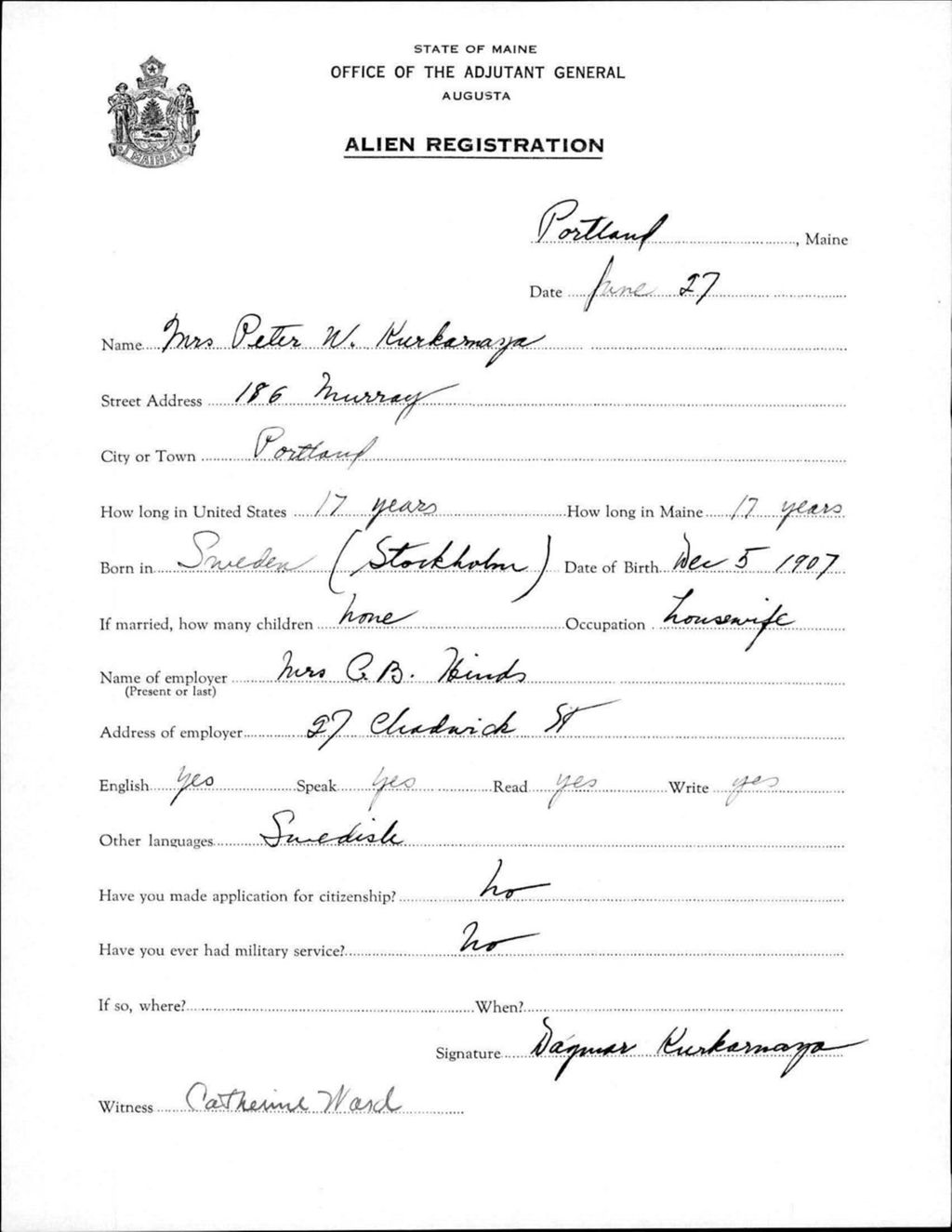 Miniature of Alien Registration- Kurkamaya, Dagmar (Portland, Cumberland County)