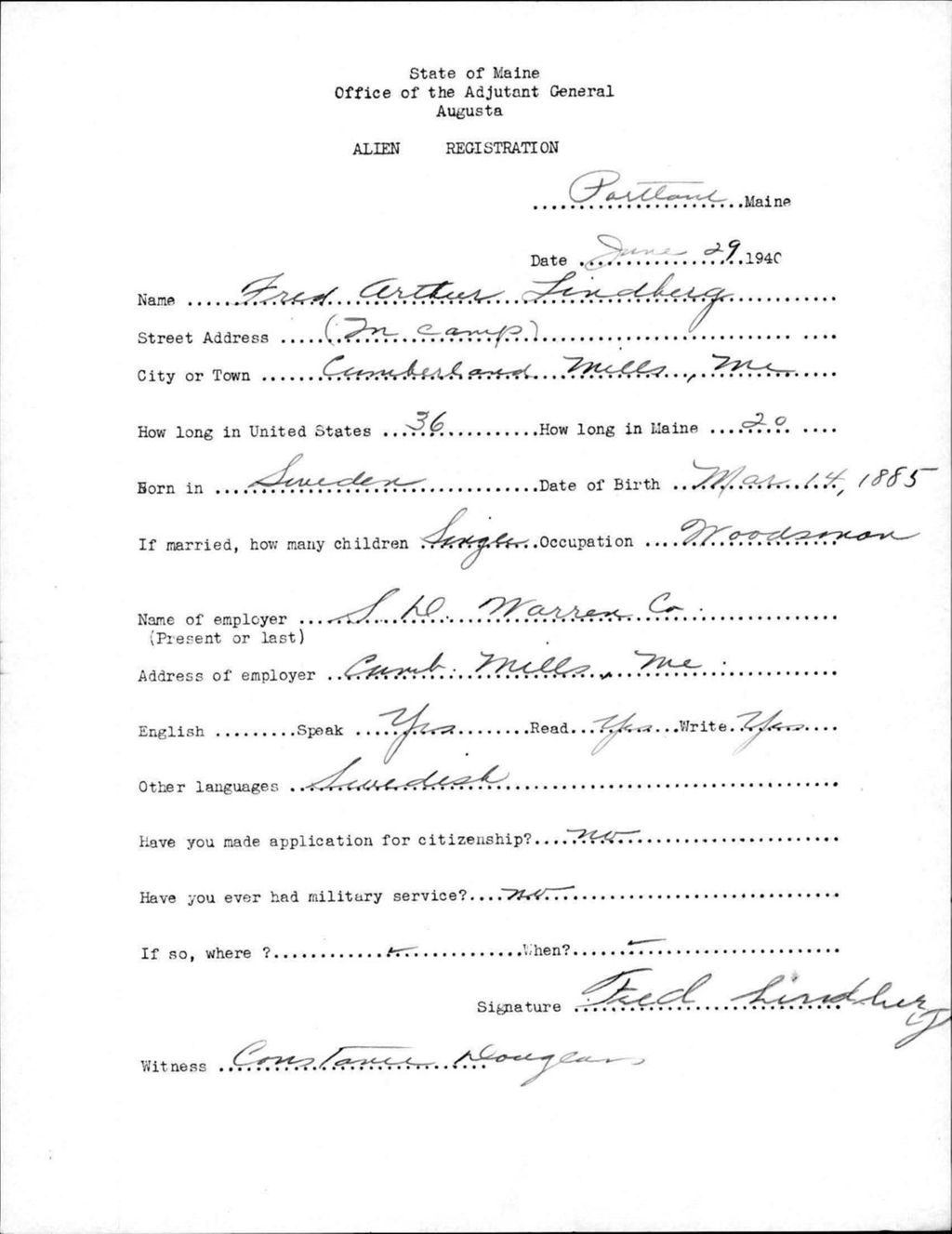 Miniature of Alien Registration- Lindberg, Fred A. (Portland, Cumberland County)
