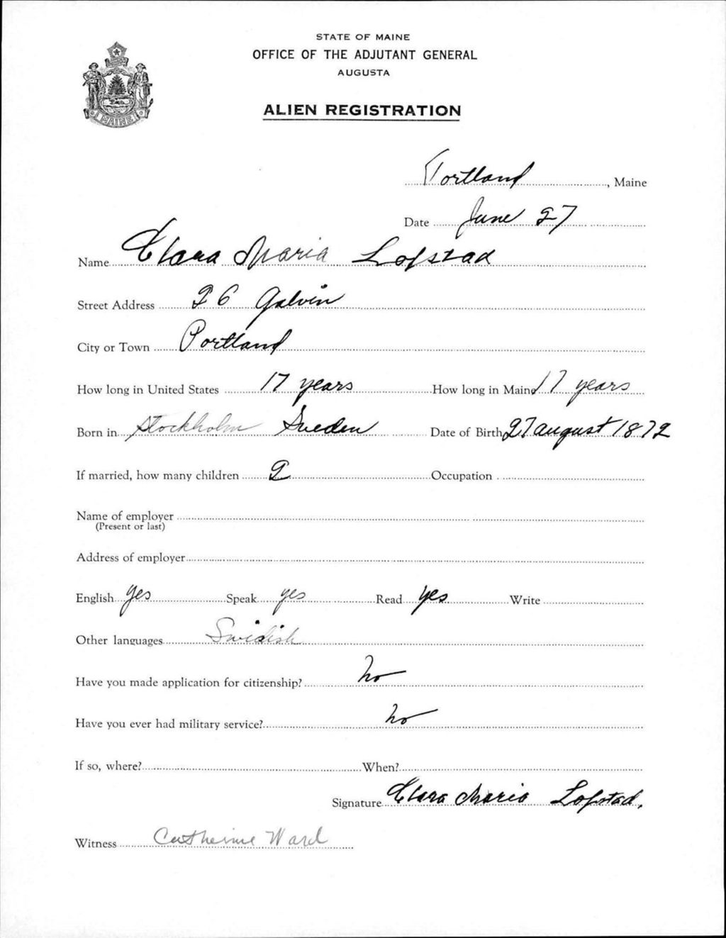Miniature of Alien Registration- Lofstad, Clara M. (Portland, Cumberland County)