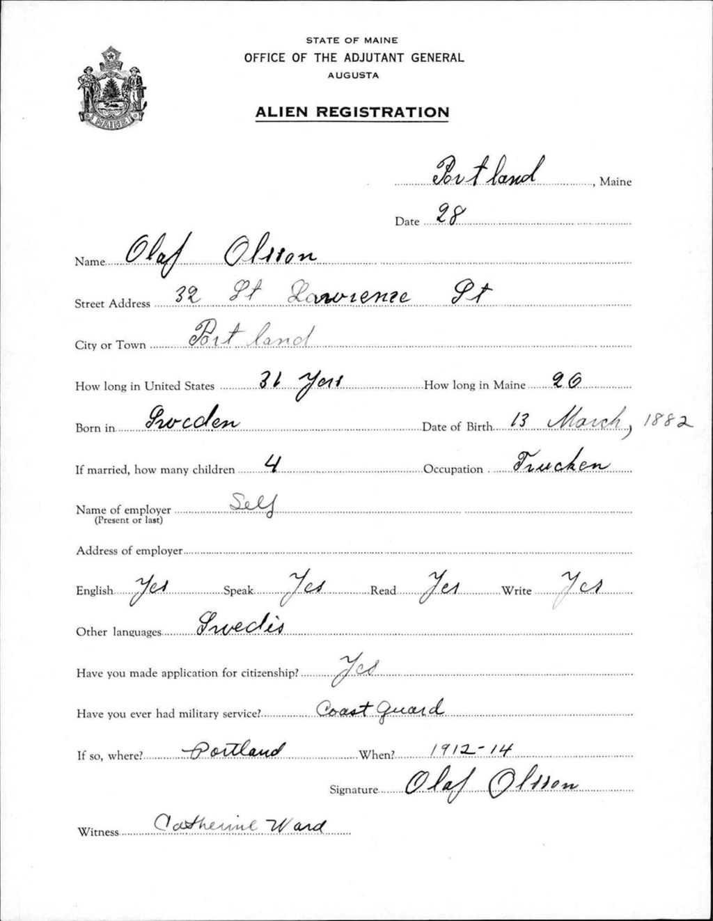 Miniature of Alien Registration- Olsson, Olaf (Portland, Cumberland County)