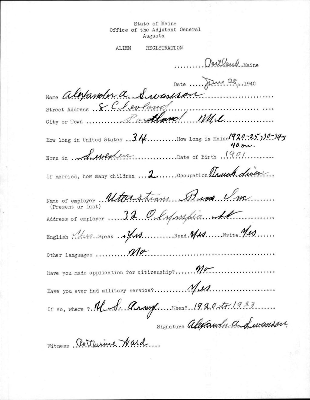 Miniature of Alien Registration- Swanson, Alexander A. (Portland, Cumberland County)