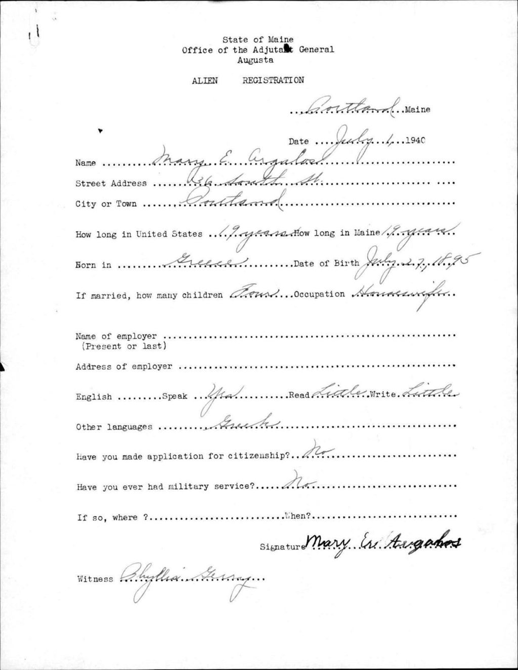 Miniature of Alien Registration- Argalos, Mary E. (Portland, Cumberland County)